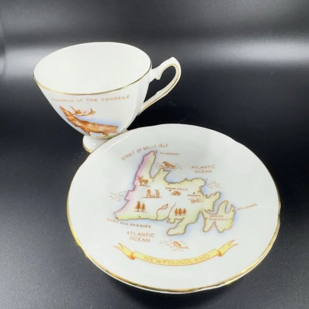 TAYLOR & KENT Newfoundland Teacup Saucer Bone China ENGLAND Set Monarch Deer VTG